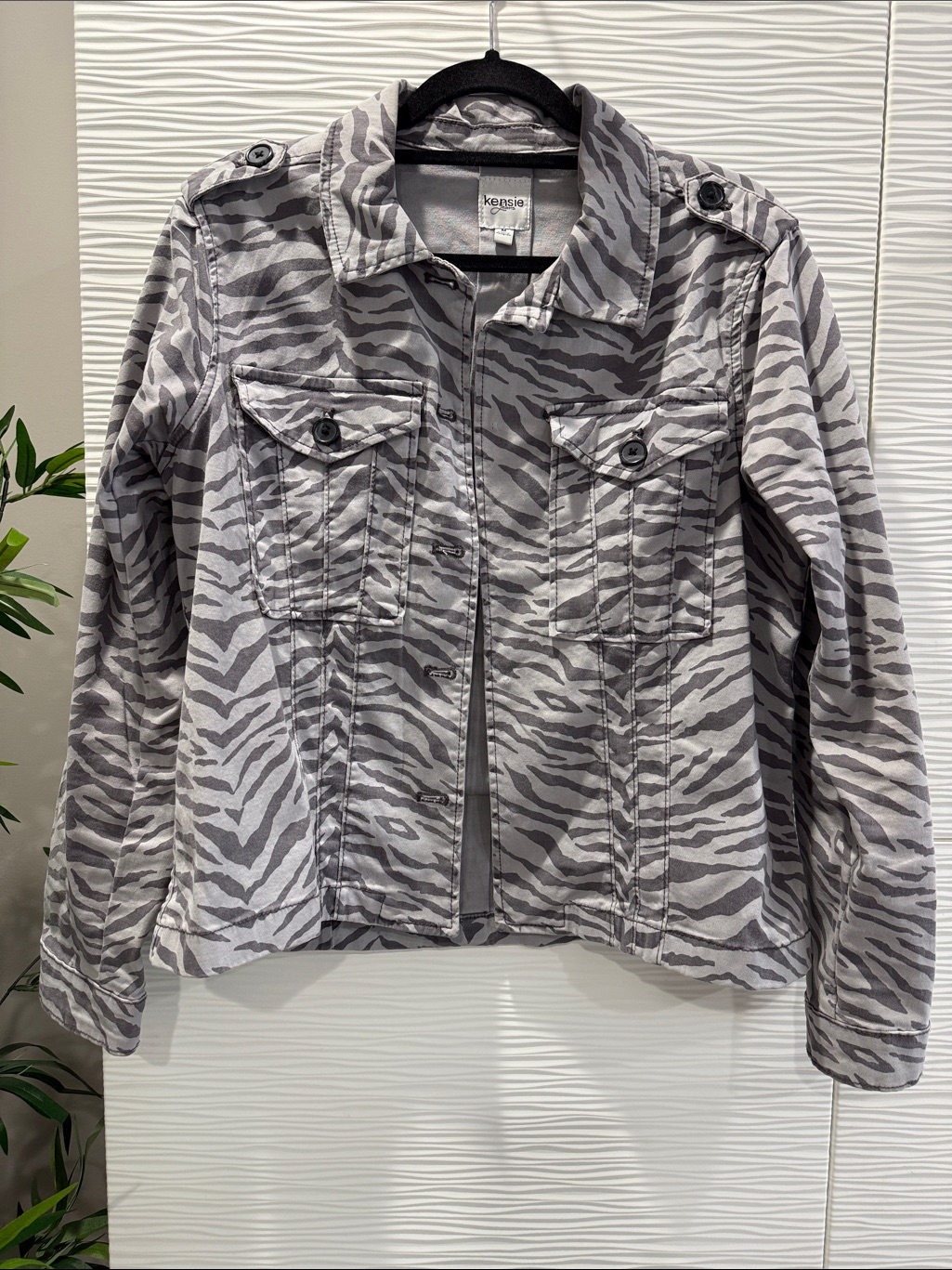 Kensie Gray Zebra-Print Utility Jacket
